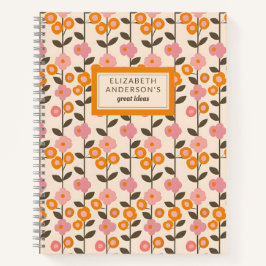 Cuaderno Monograma del patrón de hojas florales retro
