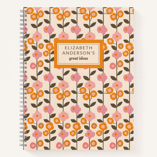 Cuaderno Monograma del patrón de hojas florales retro