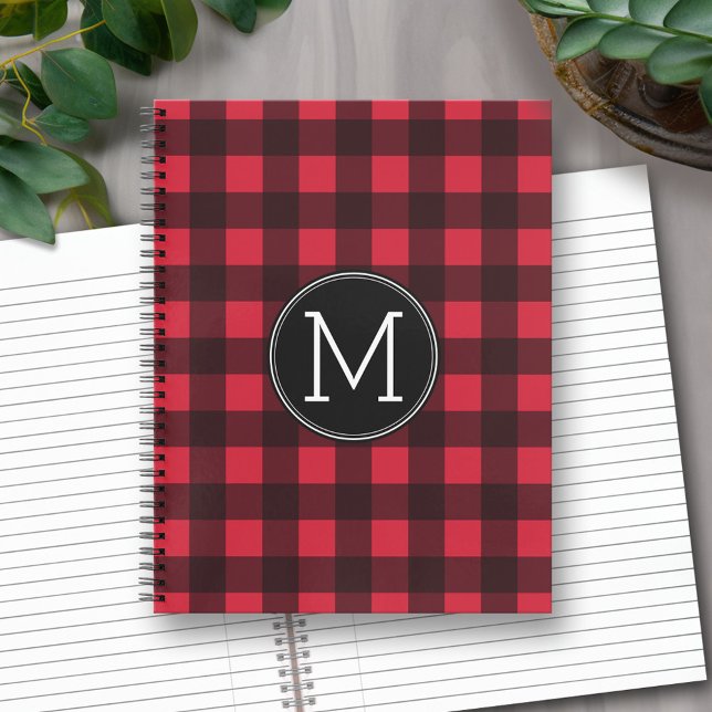 Cuaderno Monograma del patrón de patrón de búfalo rojo y ne (Personalized Notebook - Red and Black Buffalo Plaid with Monogram)
