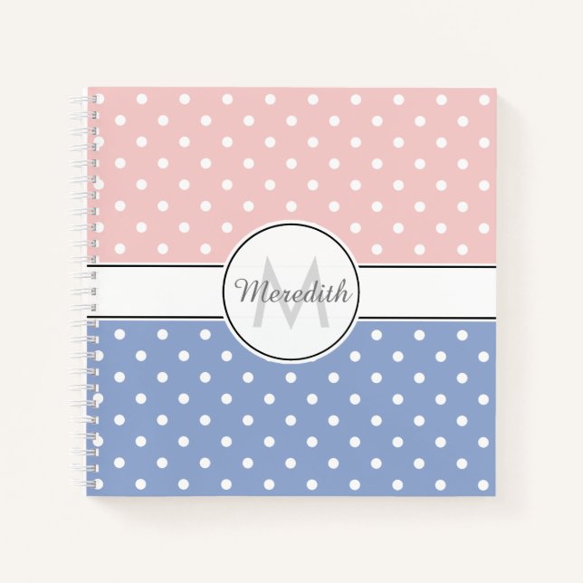 Cuaderno Monograma del patrón de punto de polka azul rosado (Anverso)