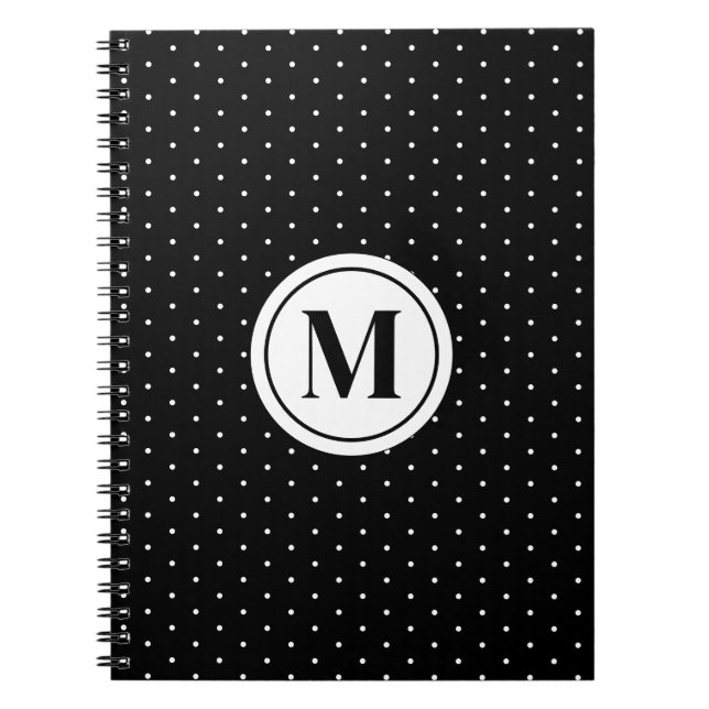 Cuaderno Monograma del patrón de puntos de polka blanco y n (Frente)