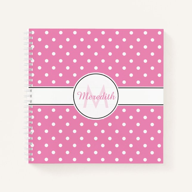 Cuaderno Monograma del patrón de puntos de polka rosado (Anverso)