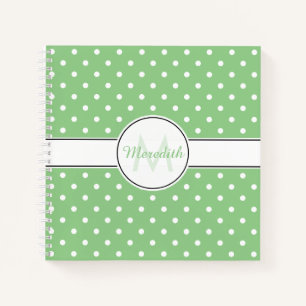 Cuaderno Monograma del patrón de puntos de polka verde lind