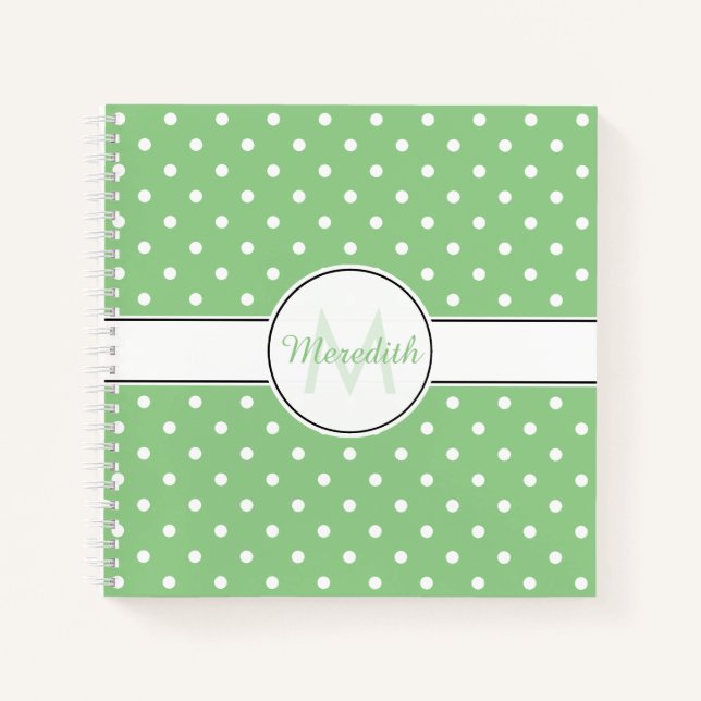 Cuaderno Monograma del patrón de puntos de polka verde lind (Anverso)