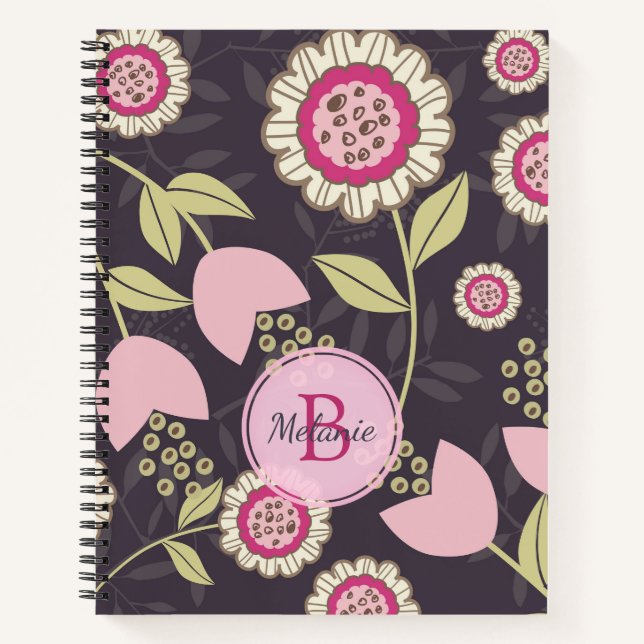 Cuaderno Monograma del patrón de tulipán floral rosado (Anverso)