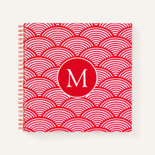 Cuaderno Monograma del patrón de vieira rojo y blanco