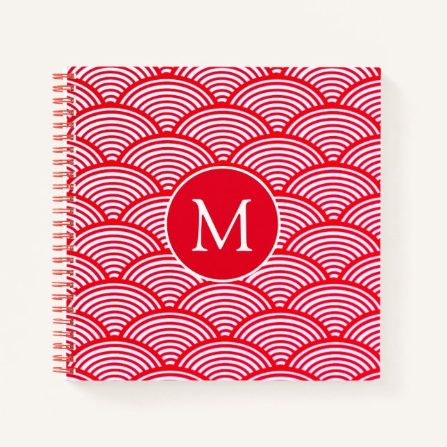 Cuaderno Monograma del patrón de vieira rojo y blanco (Anverso)