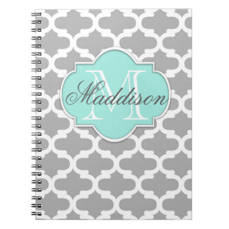 Cuaderno Monograma del patrón elegante de Aqua gris