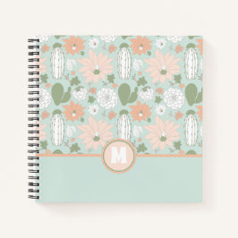 Cuaderno Monograma del patrón floral verde de cacti Peach
