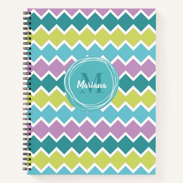 Cuaderno Monograma del patrón geométrico morado de Girly Aq (Anverso)