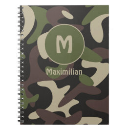 Cuaderno Monograma del patrón verde marrón del camuflaje mi