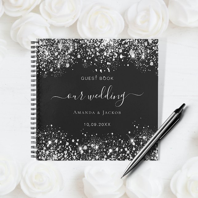 Cuaderno Monograma del purpurina blanco negro boda del libr (Subido por el creador)