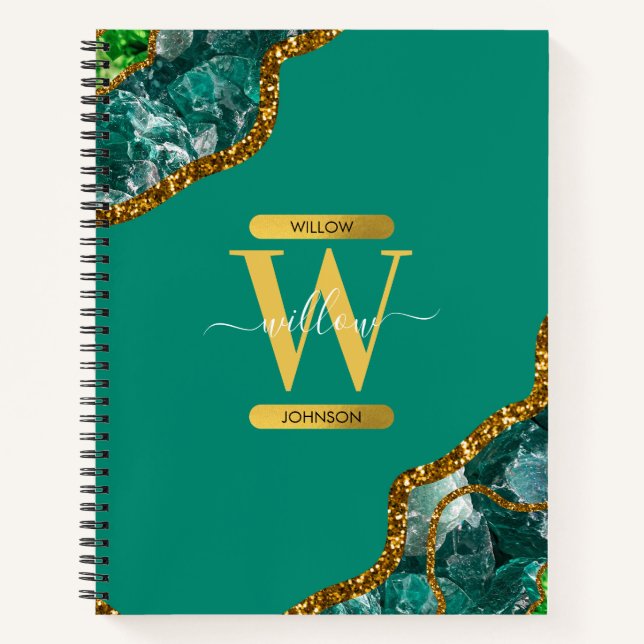 Cuaderno Monograma del Purpurina de Geode del verde esmeral (Anverso)