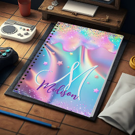Cuaderno Monograma del purpurina de goteo de unicornio holo
