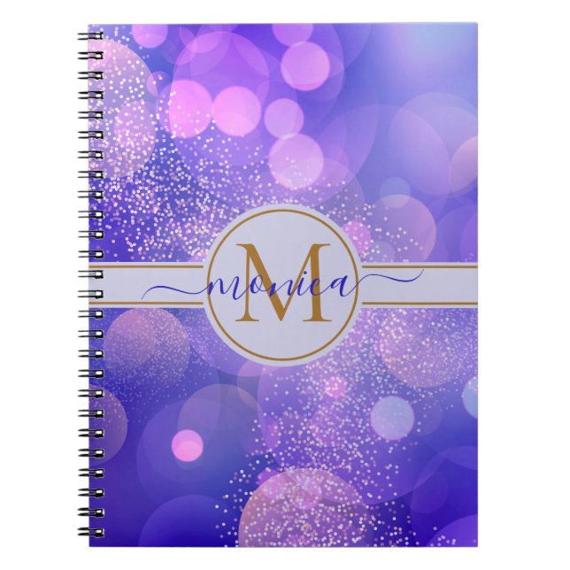 Cuaderno Monograma del Purpurina de oro del Bokeh Azul Girl (Frente)