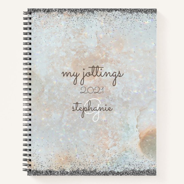 Cuaderno Monograma del Purpurina de plata cósmica celeste G (Anverso)
