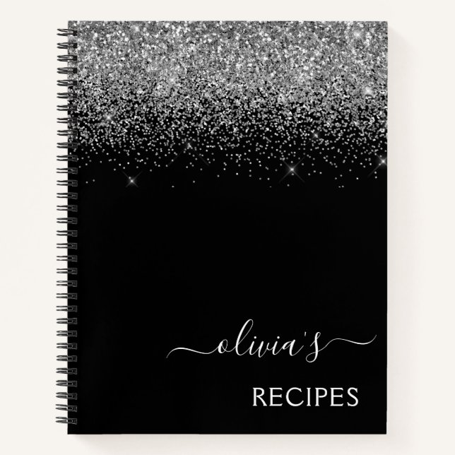 Cuaderno Monograma del Purpurina negro plateado de Cookbook (Anverso)