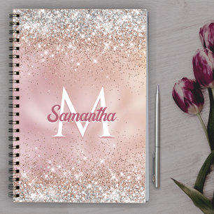 Cuaderno Monograma del purpurina plateado de rosa de oro fi