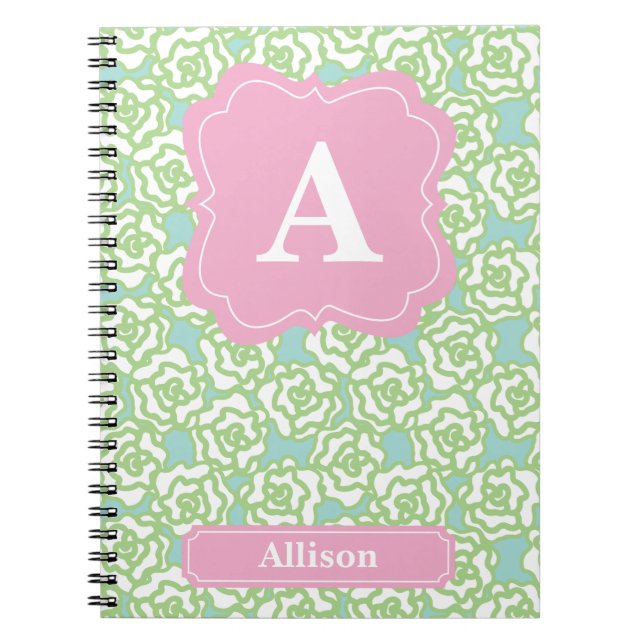 Cuaderno Monograma del rosa de rosas verdes (Frente)
