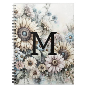 Cuaderno Monograma dibujo floral girasol amarillo rosa