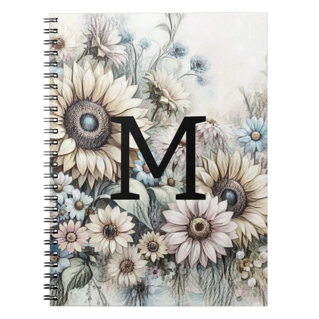 Cuaderno Monograma dibujo floral girasol amarillo rosa (Frente)