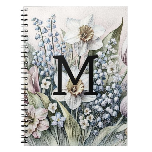 Cuaderno Monograma dibujo floral tullitos rosados daffodios (Frente)
