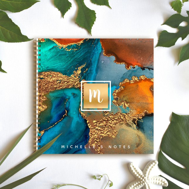 Cuaderno Monograma dorado de mármol turquesa cuadrado de ac (Subido por el creador)