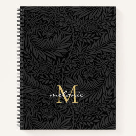 Cuaderno Monograma dorado floral negro elegante