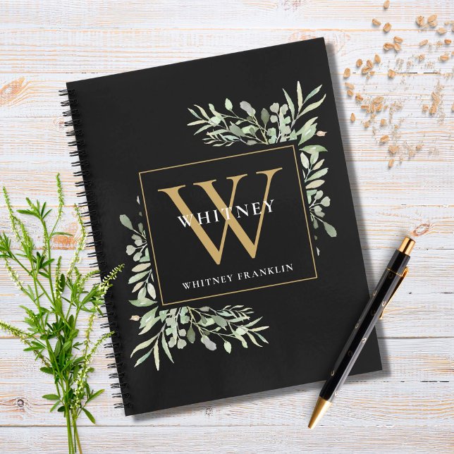 Cuaderno Monograma dorado personalizado verde negro (Subido por el creador)