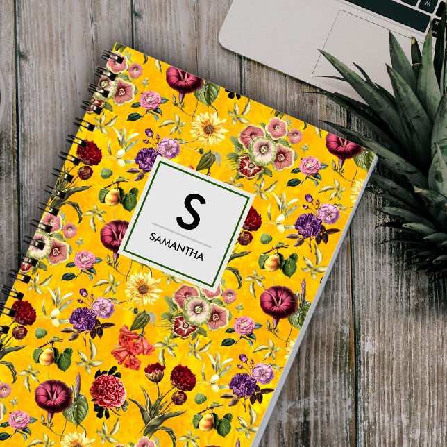 Cuaderno Monograma elegante amarillo con estampado floral (Subido por el creador)