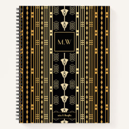 Cuaderno Monograma elegante Art Deco Negro y Oro Resumen