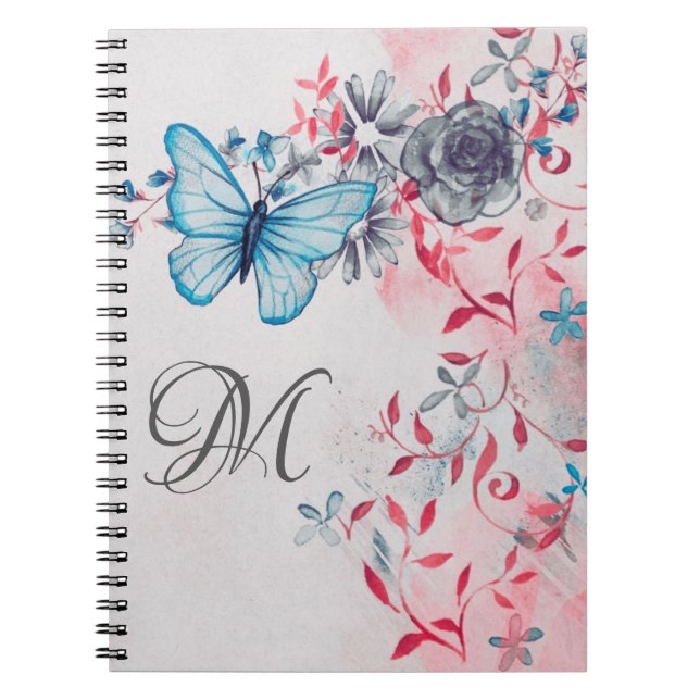 Cuaderno Monograma Elegante Blue Butterflie Floral (Frente)