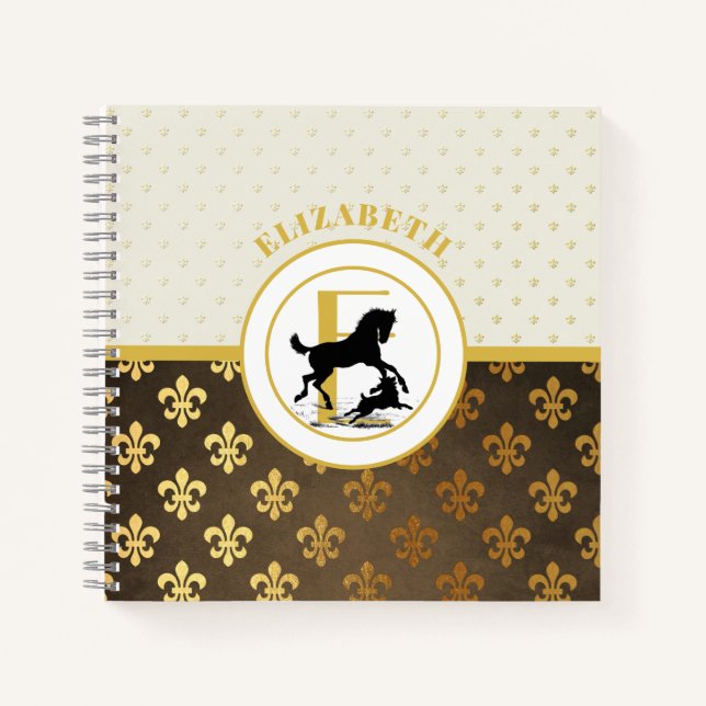 Cuaderno Monograma Elegante Caballo Perro Oro Bronce Fleurd (Anverso)