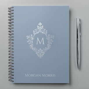 Cuaderno Monograma Elegante Cresta Vintage y Nombre en Azul