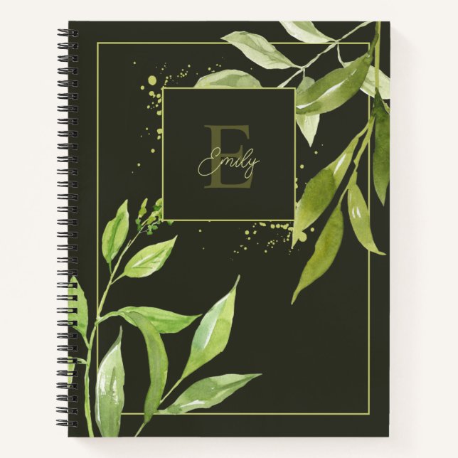 Cuaderno Monograma elegante de acuarela floral verde (Anverso)