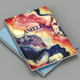 Cuaderno Monograma elegante de arte de mármol rojo azul gir