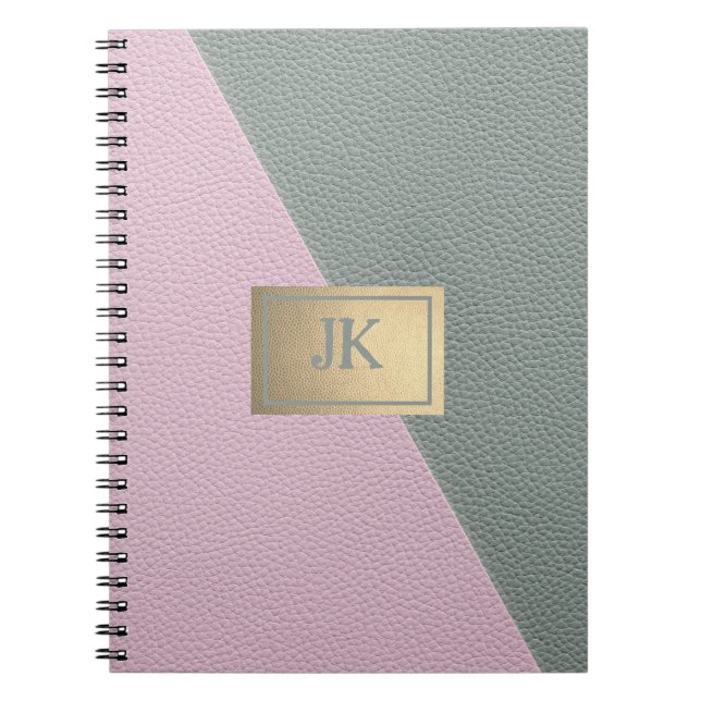 Cuaderno Monograma elegante de cuero rosa verde (Frente)