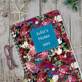 Cuaderno Monograma elegante de estampado rojo con flores ro
