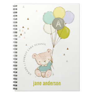 Cuaderno Monograma elegante de globos de oso azul lindo