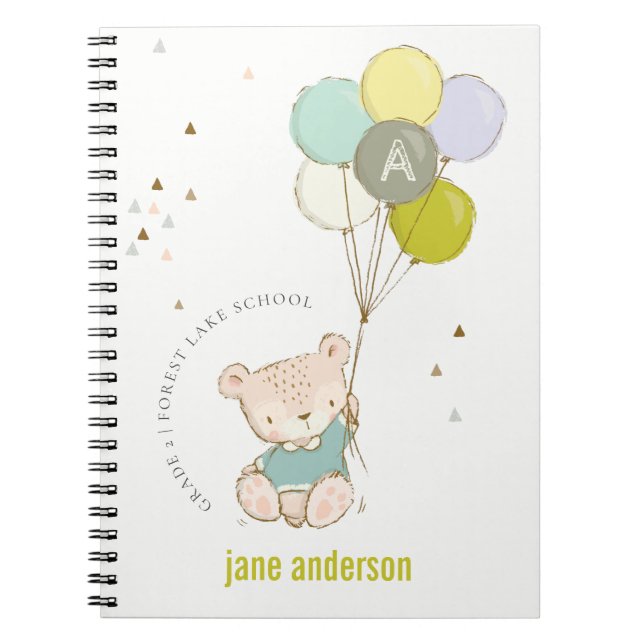 Cuaderno Monograma elegante de globos de oso azul lindo (Frente)