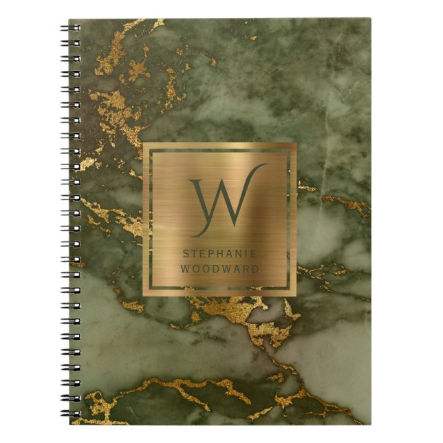 Cuaderno Monograma elegante de mármol de oro verde oliva (Frente)