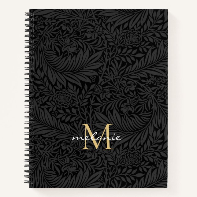 Cuaderno Monograma elegante de oro floral negro (Anverso)