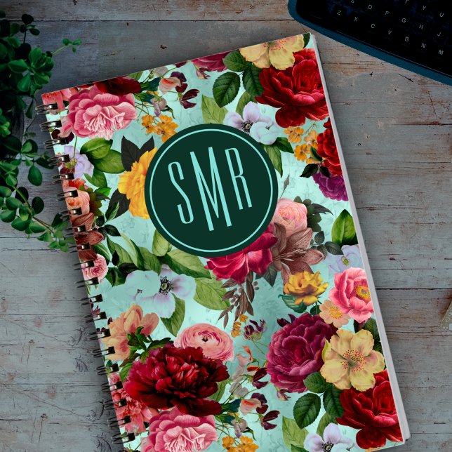 Cuaderno Monograma elegante de patrón acuático de flores ro (Subido por el creador)