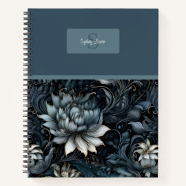 Cuaderno Monograma elegante de patrón floral gótico oscuro