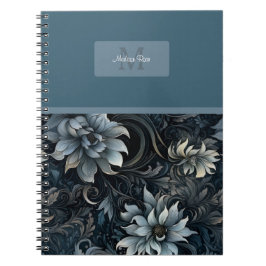Cuaderno Monograma elegante de patrón floral gótico oscuro