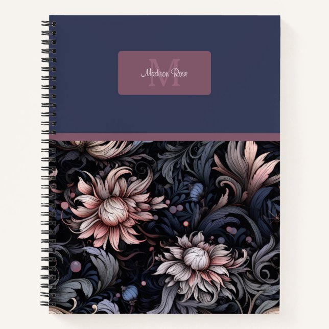 Cuaderno Monograma elegante de patrón floral gótico oscuro (Anverso)