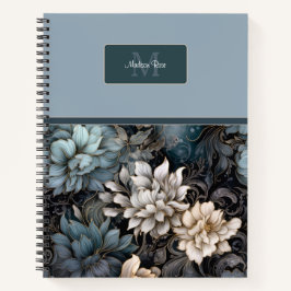 Cuaderno Monograma elegante de patrón floral gótico oscuro
