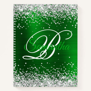 Cuaderno Monograma Elegante de Purpurina Plateada Verde Esm
