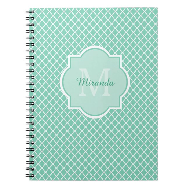 Cuaderno Monograma elegante de Quatrefoil de la verde menta (Frente)