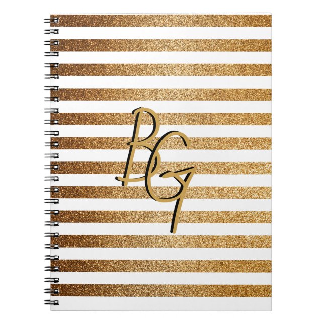 Cuaderno Monograma elegante de rayas Purpurinas de oro blan (Frente)